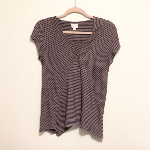 Anthropologie Serra Spliced Striped Tee Brown Asymmetrical - Picture 2 of 7